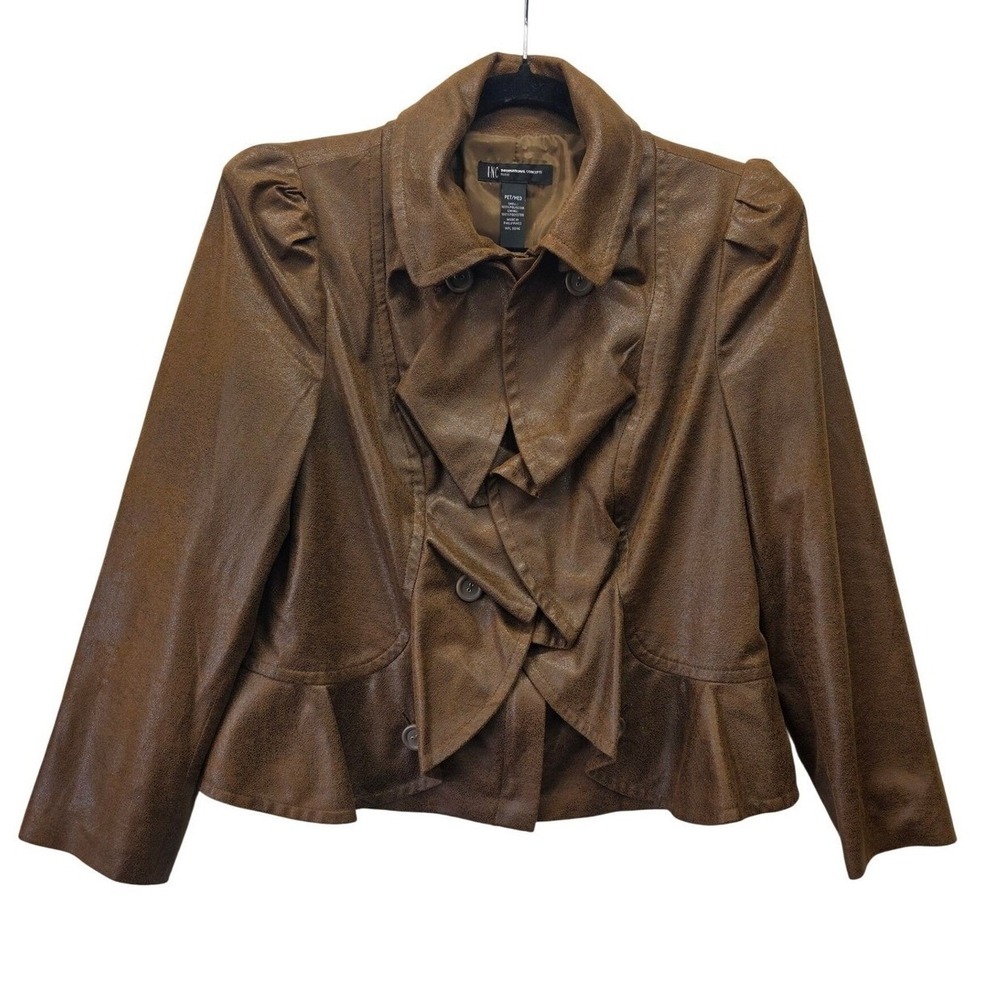 INC International Concepts Brown Faux Leather Ruffle Peplum Jacket Petite Medium